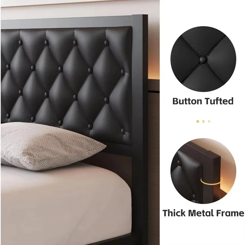 Full Size Bed Frame with Storage Space and PU Leather Upholstered Bed Frame Platform, Easy Assembly, No Box Spring Needed