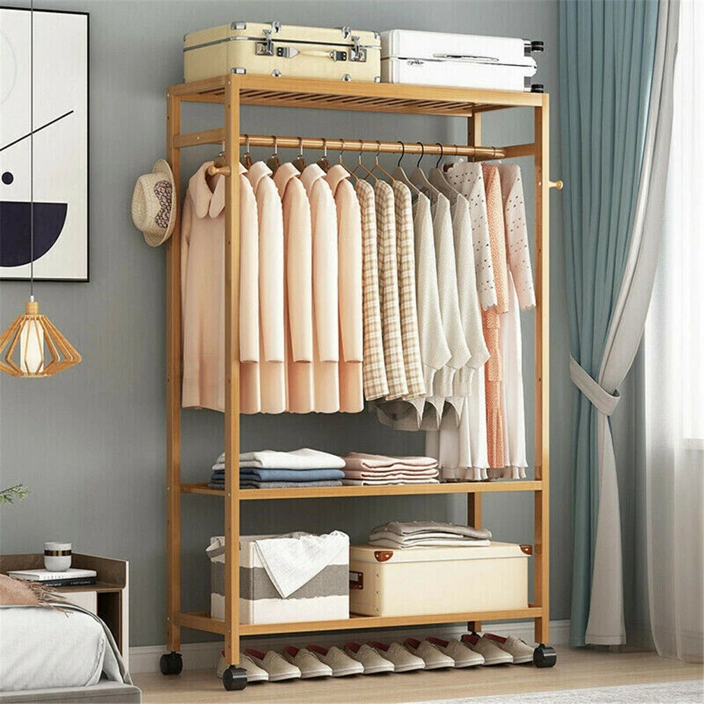 Bamboo Garment Rack with Wheels, Clothing Rack for Hanging Clothes with Hooks, Multi-functional Bedroom Clothes Rack