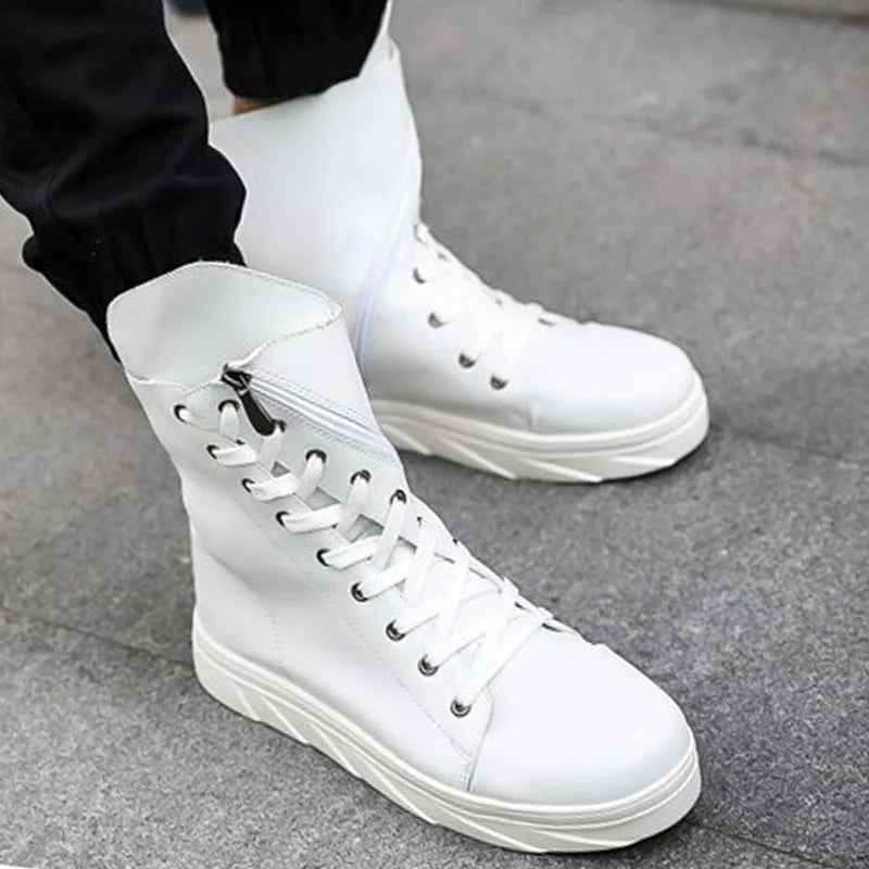 Fashion Pleated Leather Mens Casual Shoes Spring Autumn New High Top Men Boots Ankle Mens Boots Zipper Casual Footwear white