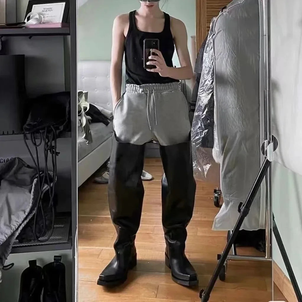 Black Riding Boots for Women Men Square Toe Chunky Platform Over The Knee High Boots Pleated Loose Tube Long Boots Slip On