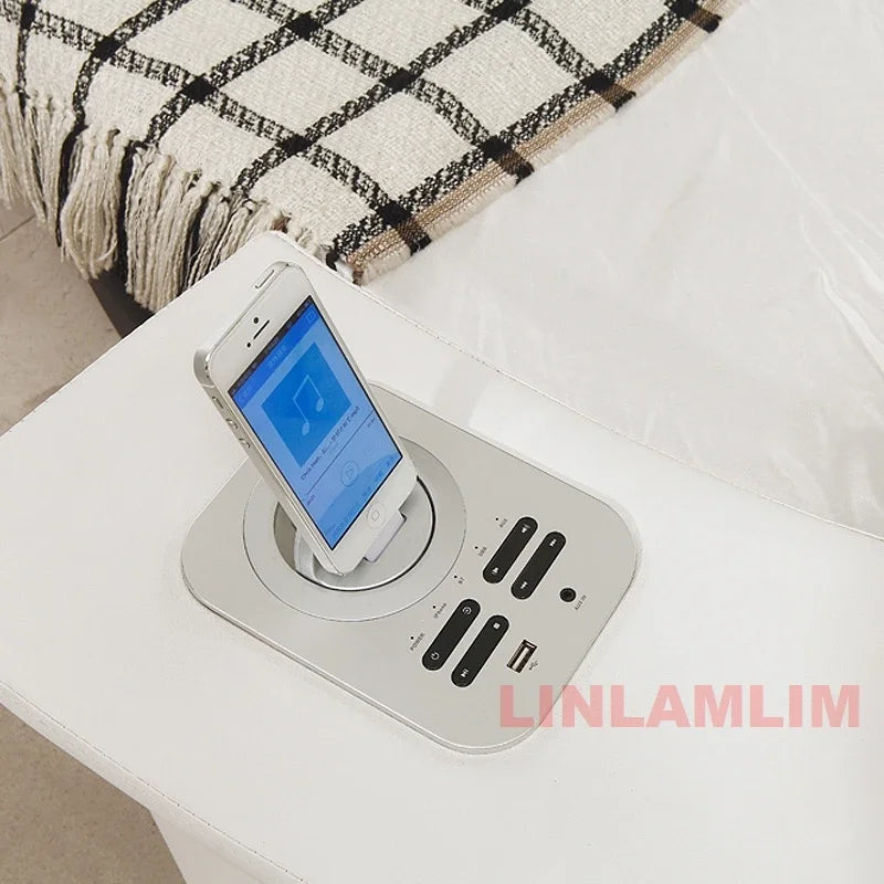 MINGDIBAO Nordic Genuine Leather multifunctional round Bed Frame with LED Light Bluetooth Speaker iPhone Charge USB Ultimate Bed