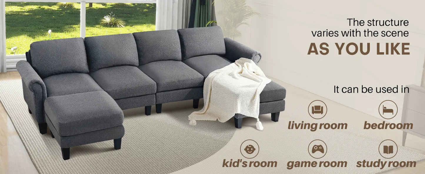 Redlife 108" Sectional Sofa w/ Chaise Living Room Sofa Convertible 4 Seat L-Shape Sofa Set Fabric Sectional Couch w/ Two Ottoman