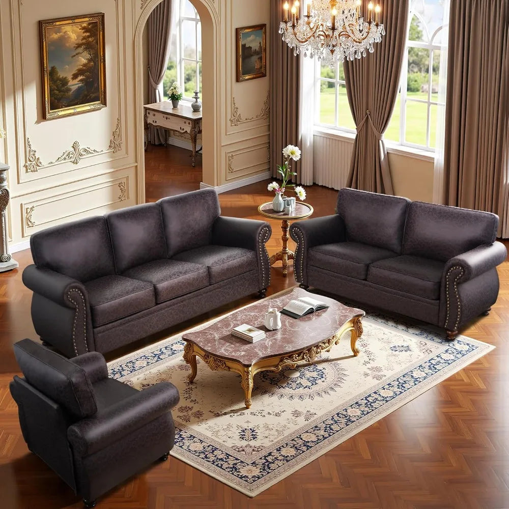 Living Room Furniture Sets,Sofa Sets and Couch Sets for Living Room,Mid-Century Vintage Sofa Couches with Rivet Design (Brown, S
