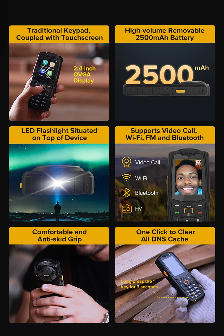 AGM-M7 Feature Phone4G, Android Waterproof Touch Screen Mobile Phone, 2500mAh Cellphone, English, Russia, Keypad Rugged Phone