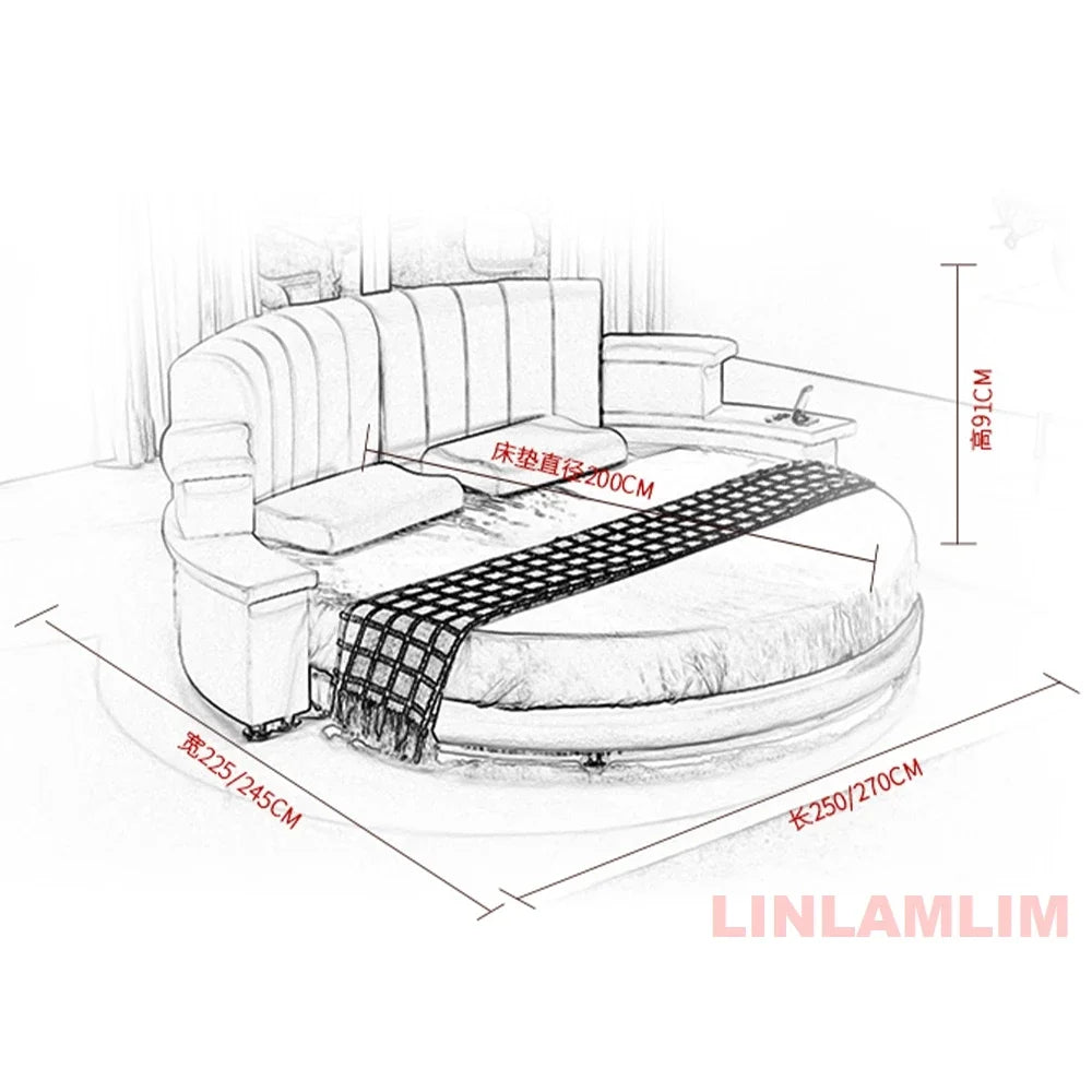 MINGDIBAO Nordic Genuine Leather multifunctional round Bed Frame with LED Light Bluetooth Speaker iPhone Charge USB Ultimate Bed