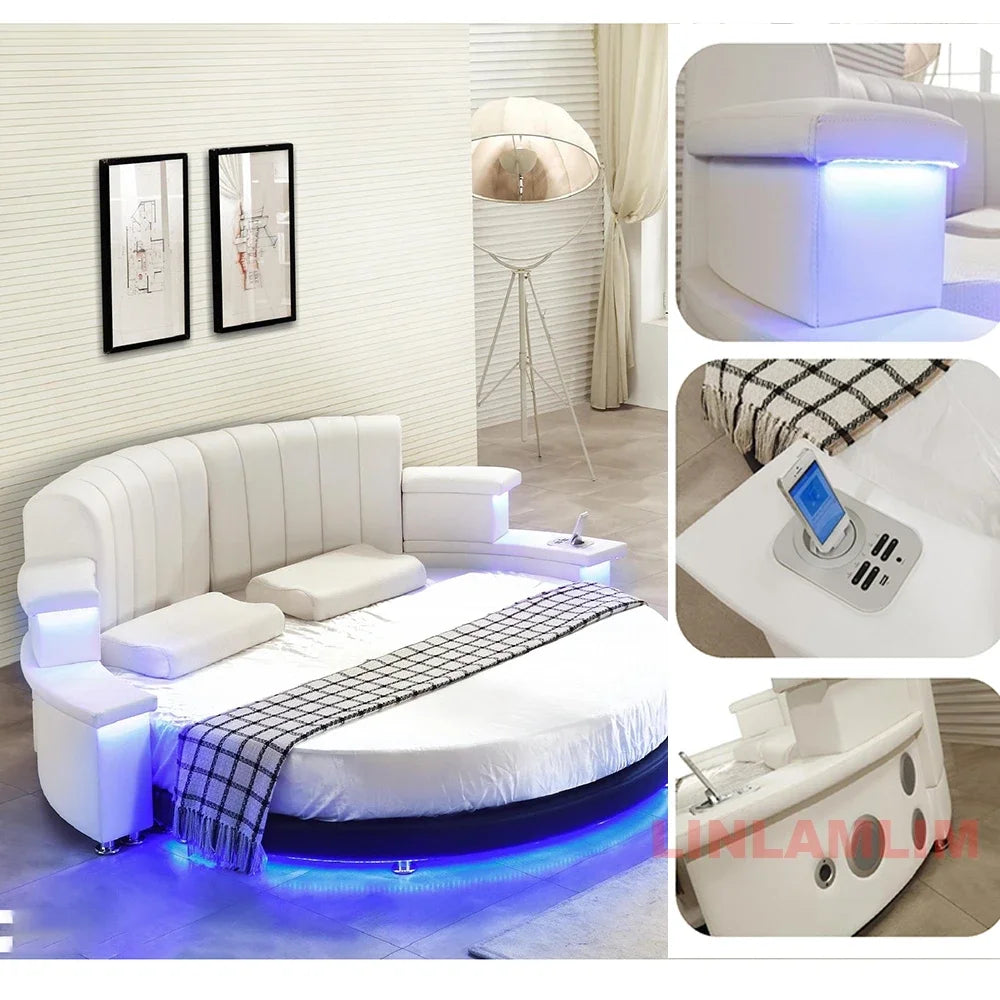 MINGDIBAO Nordic Genuine Leather multifunctional round Bed Frame with LED Light Bluetooth Speaker iPhone Charge USB Ultimate Bed