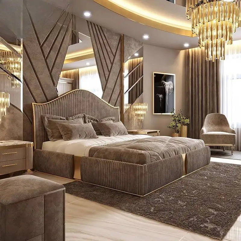Unique Minimalist Double Bed Decoration Brown Pliable Wooden Double Bed Frame King Size Modern Cama Matrimonial Furniture Home