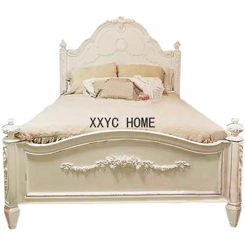 American Retro Solid Wood Carved White Double Bed American Country Princess Bed