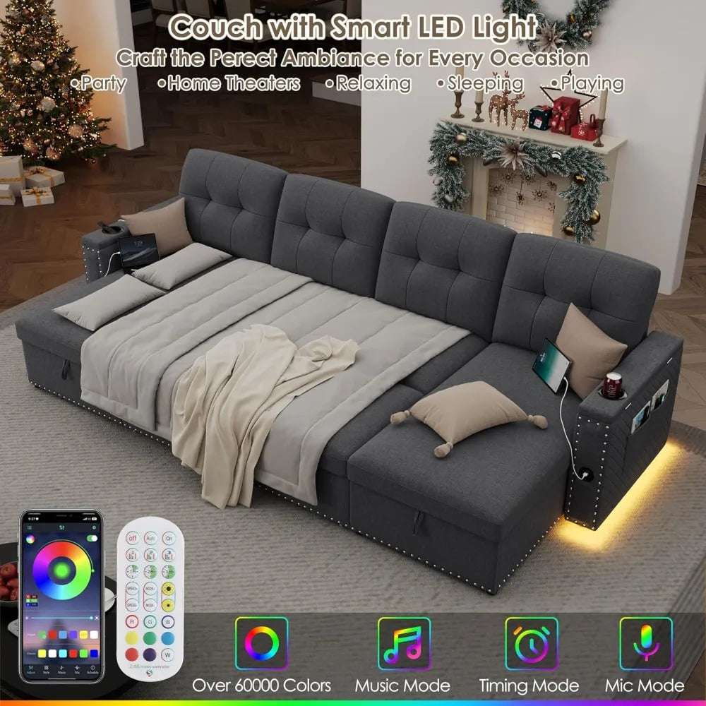 112" Sectional Pull Out Couches for Living Room with LED Lights & USB Port- Sleeper Sofa Couch w/Storage Chaise & Storage Armre