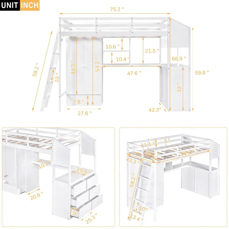 Cama tipo Loft para niños, mueble de tamaño doble con 1 armario y 7 cajones, escritorio adjunto con estantes, versátil,