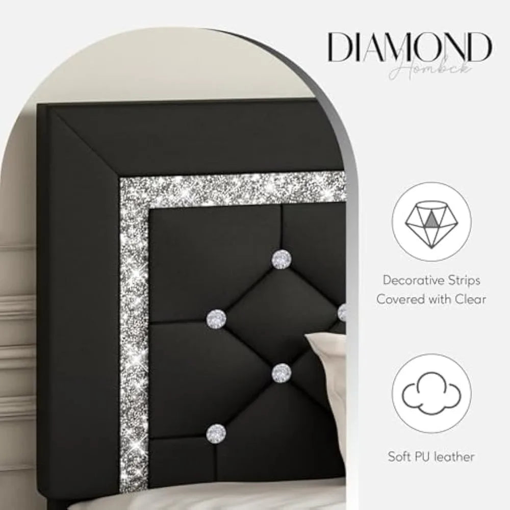 Platform Bed Frame with Upholstered Diamond Headboard, Mattress Foundation with Strong Wooden Slats Support, No Box