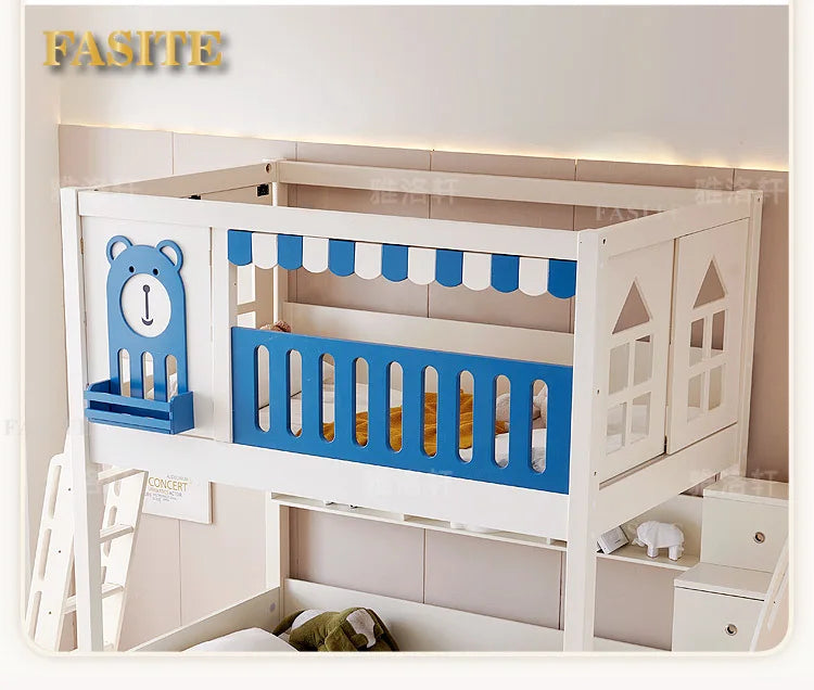 Children's bunk wooden bed Girl with wide and high guardrail with slide Small apartment Castle treehouse bed