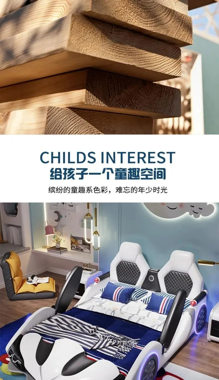 full king size Up down doors car children beds LED lights Bluetooth speakers double kids bedroom bed bed base boy furniture