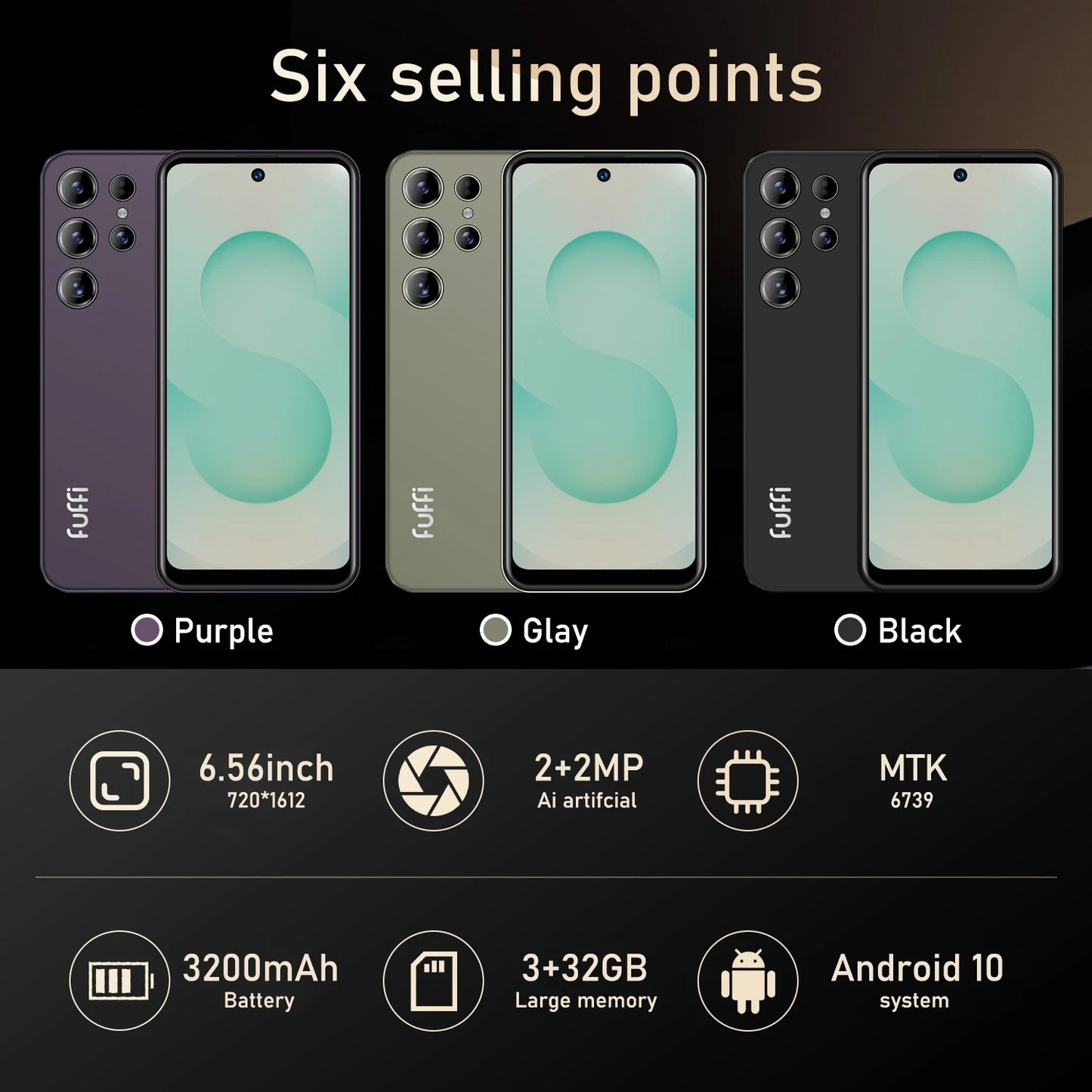 FUFFI 6.56 Inch Smartphone, 4G Network Dual SIM Phone, Android 10.0 Phone with 32GB ROM, Quad Core Processor, 2+2MP Pixels Phone