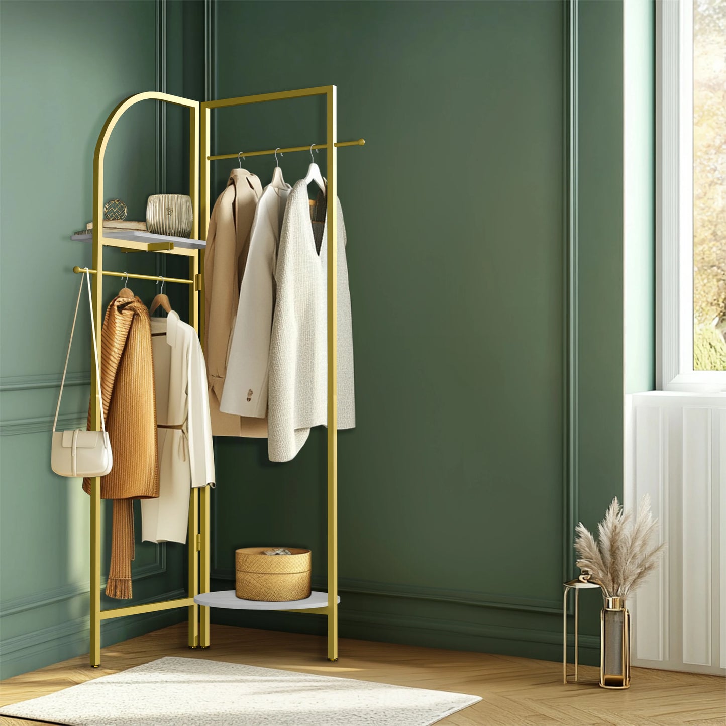 Wisfor Corner Gold Metal Clothing Racks,Heavy Duty Freestanding Clothes Racks Coat Rack for Hallway Entryway, Garment racks