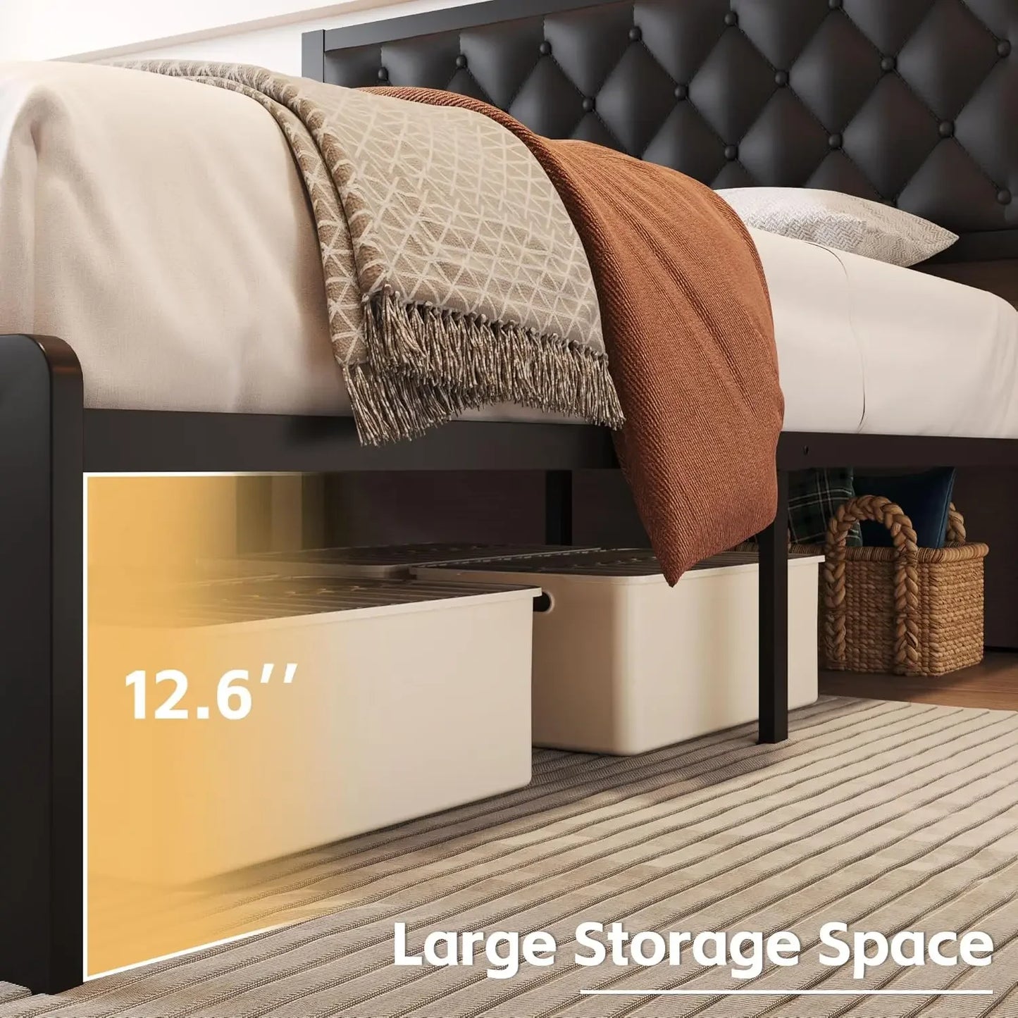 Full Size Bed Frame with Storage Space and PU Leather Upholstered Bed Frame Platform, Easy Assembly, No Box Spring Needed