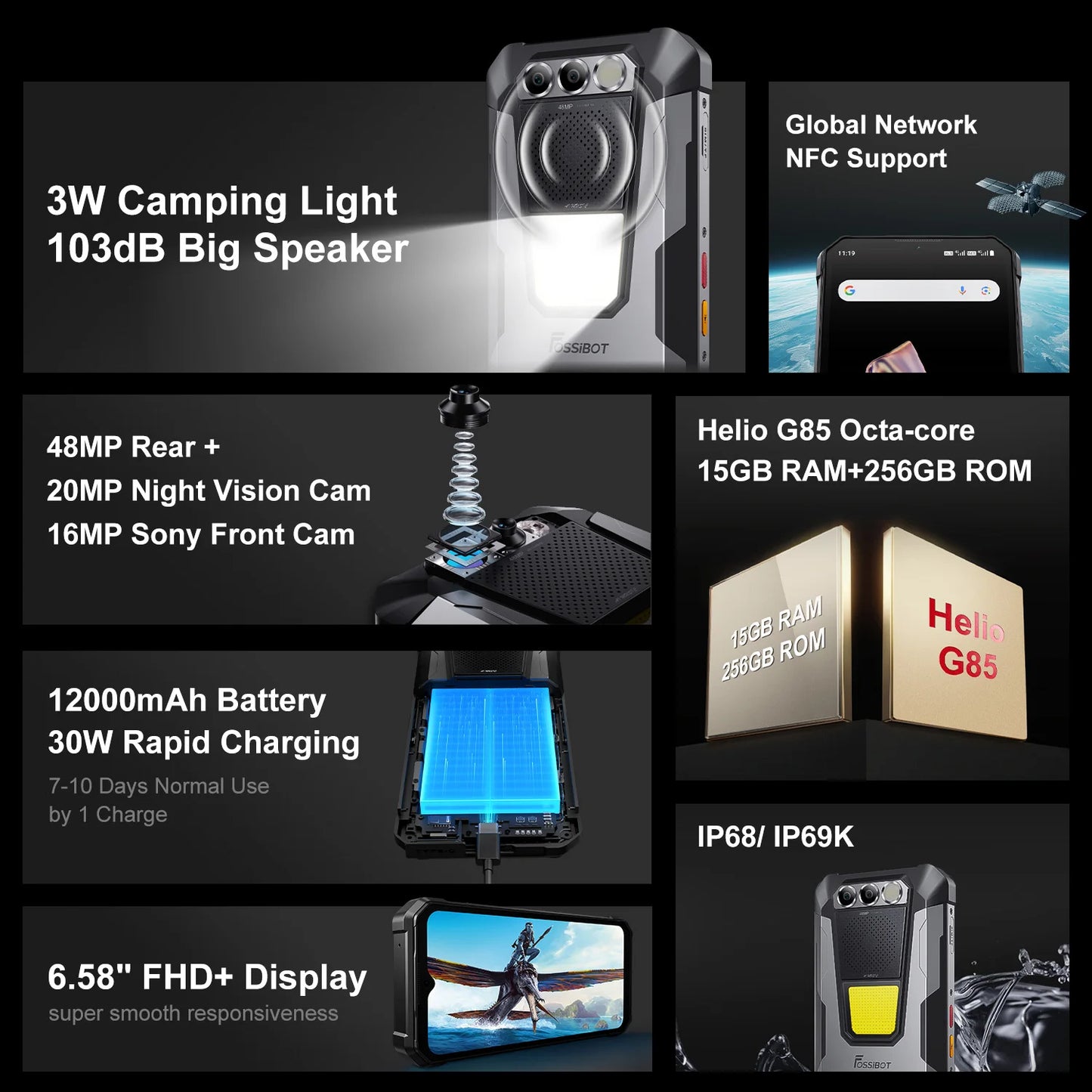 FOSSiBOT-F106PRO Rugged Smartphone, Android 14 Cellphone, 12000mAh, NFC, GPS, Helio G85, Mobile Phone, World Premiere