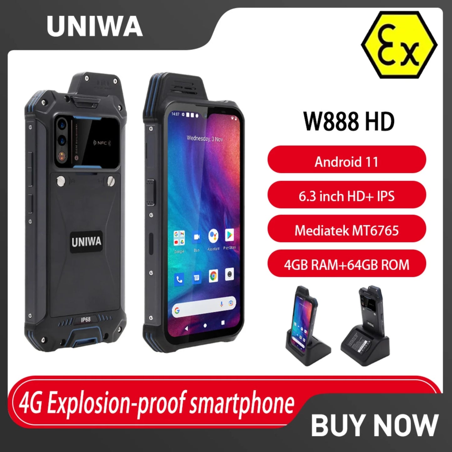 UNIWA W888 ATEX Explosion Andriod Smartphone Walkie Talkie IP68 6.3“ HD 4GB 64GB 4400mAh NFC Certification Explosion-proof Phone