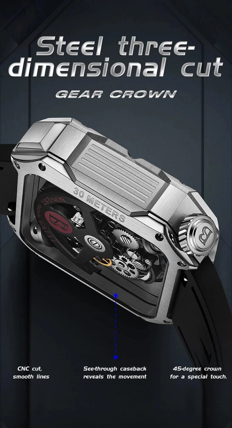 BONEST GATTI Men Automatic Watch 42mm Square Men Mechanical Wristwatch Sapphire Luminous Skeleton Dial Fluororubber Strap 2025