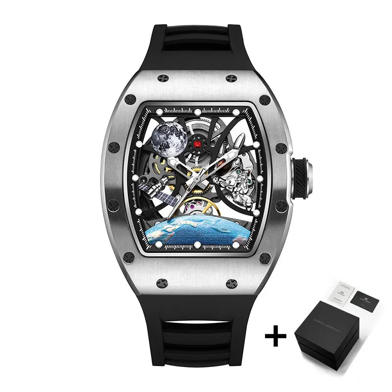 Men's Automatic Watches for Men Fashion Tonneau Mechanical Clock Earth Dial Waterproof Luxury Luminous Skeleton Mens WristWatch