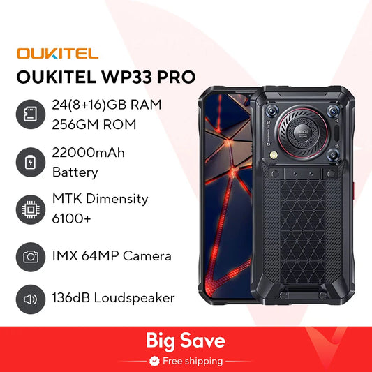 Rugged Oukitel WP33 Pro 5G Smartphone 22000mAh 6.6" FHD+ Cellphone 8GB 256GB Mobile Phone 64MP Camera 33W Fast Charger