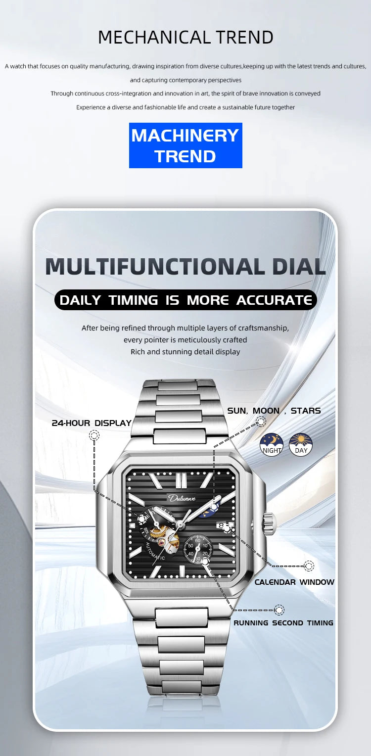 Dulunwe Fashion Men's Watch Automatic Mechanical Multi-function Small Dial Square Design 30M Waterproof Top Brand Wristwatches