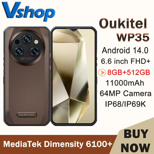 Oukitel WP35 5G Rugged Smartphone 8GB+256GB Android 14 MediaTek Dimensity 6100+ Octa Core 64MP Camera 11000mAh NFC Mobile Phone