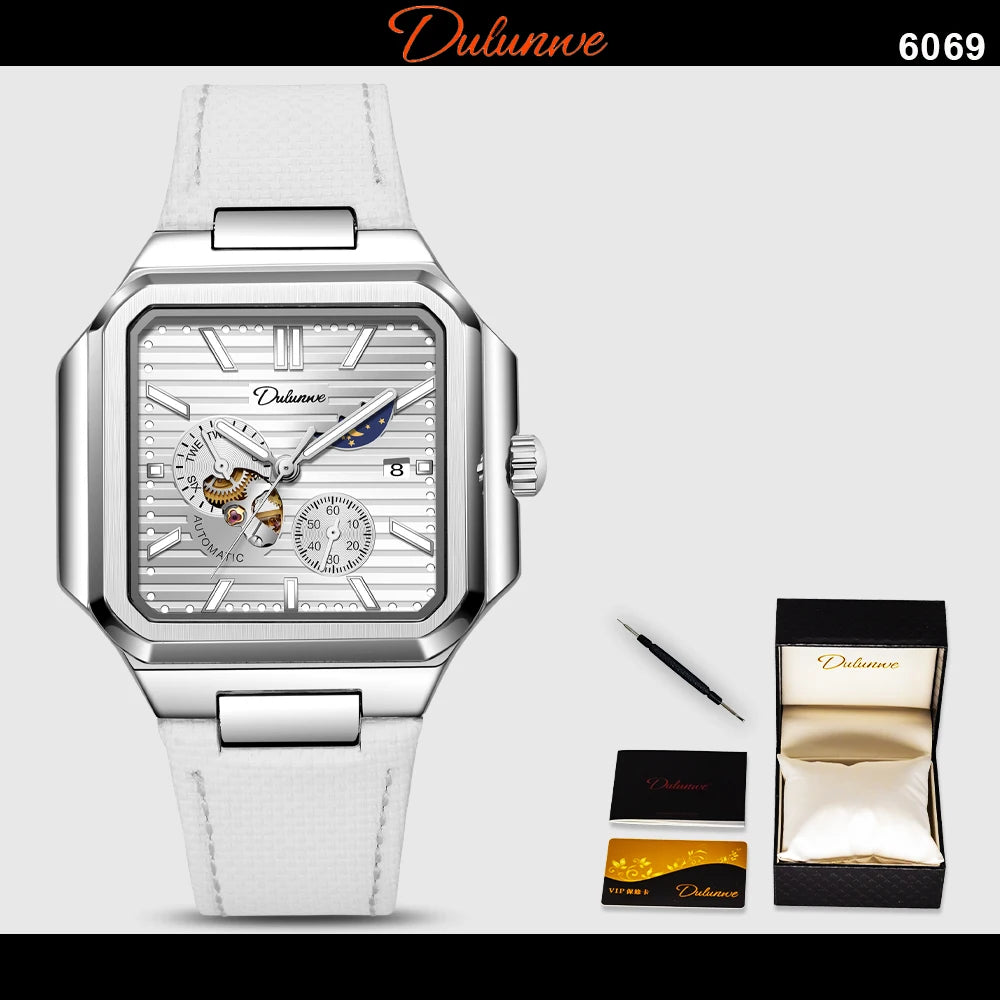 Dulunwe Fashion Men's Watch Automatic Mechanical Multi-function Small Dial Square Design 30M Waterproof Top Brand Wristwatches