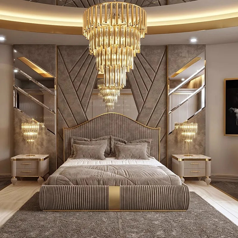 Unique Minimalist Double Bed Decoration Brown Pliable Wooden Double Bed Frame King Size Modern Cama Matrimonial Furniture Home