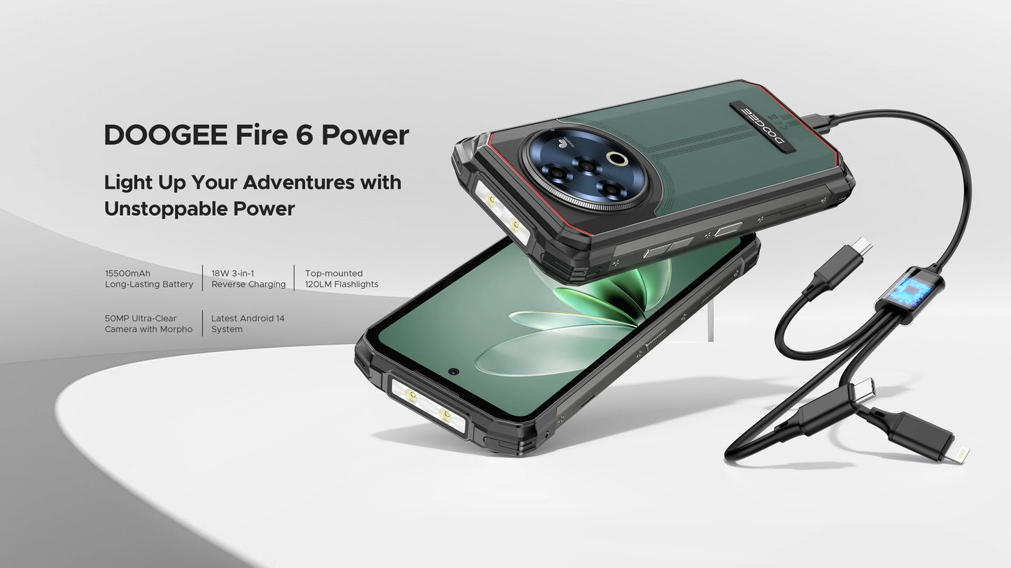 DOOGEE Fire 6 Power Rugged Smartphone 6.56" IPS Screen 15500mAh Battery Unisoc T606 8GB+256GB 50MP Camera Android 14 NFC