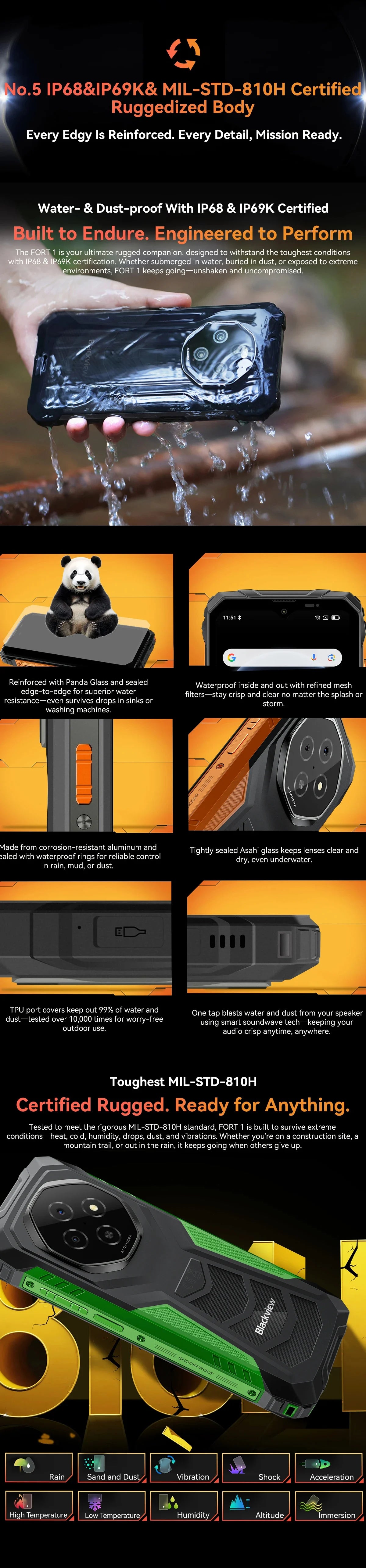 Blackview FORT 1 Rugged Smartphones Android 15 Unisoc T615 6.56 Inch HD+ Display 8GB RAM 256GB ROM 10000mAh Mobile Phone NFC