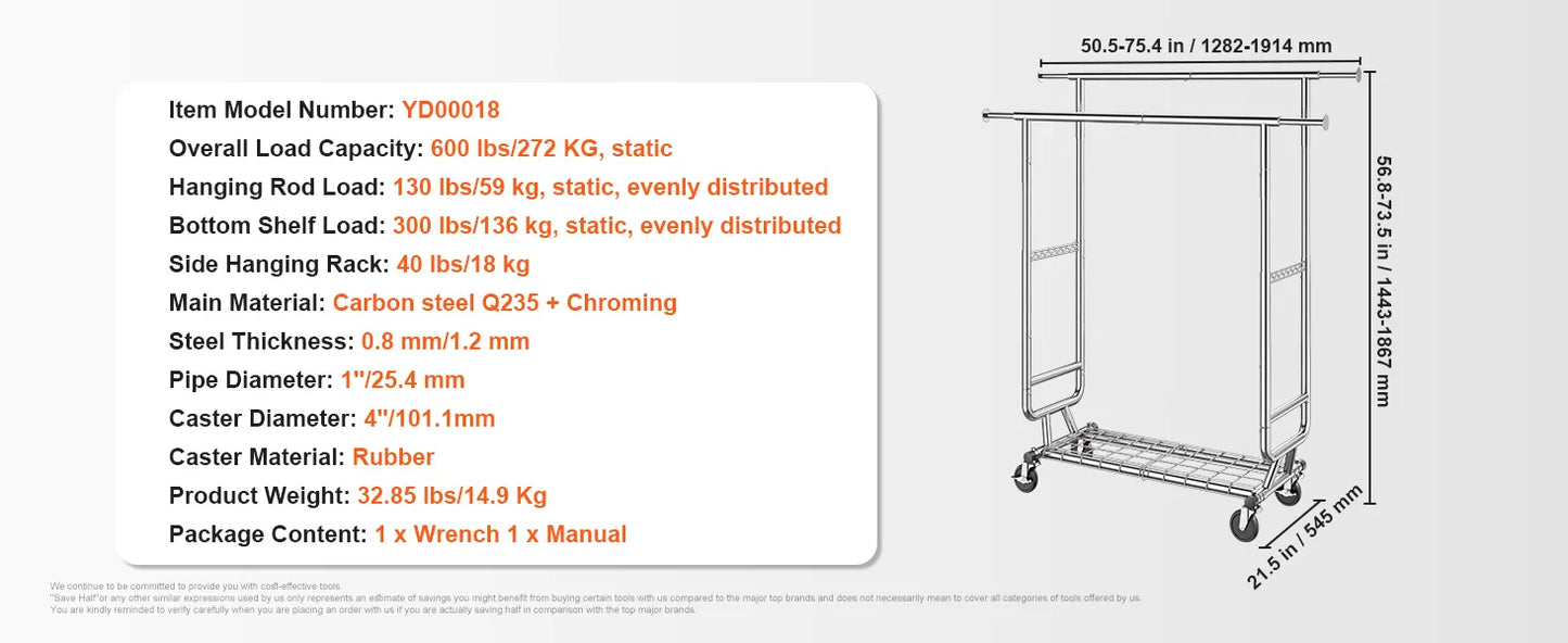 SucceBuy Clothing Garment Rack Heavy Duty Clothes Rack Adjustable Length Clothes Rack w/ Bottom Shelf & Wheels for Laundry Room