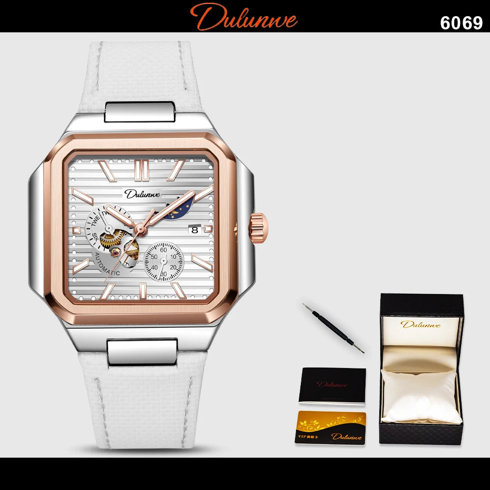 Dulunwe Fashion Men's Watch Automatic Mechanical Multi-function Small Dial Square Design 30M Waterproof Top Brand Wristwatches