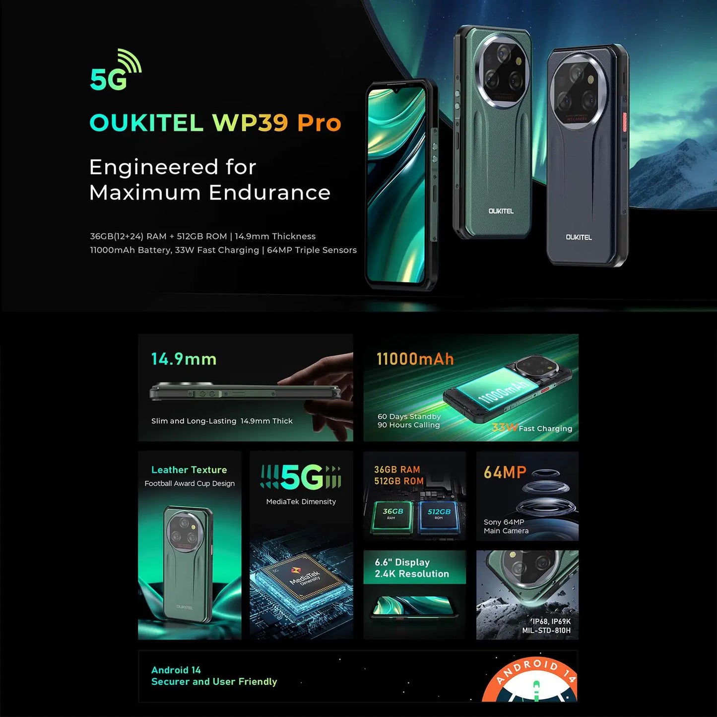 Oukitel WP39 Pro 5G Rugged Phone 12GB+512GB 6.6" 2.4K Screen Android 14 MediaTek Dimensity 6300+ 11000mAh Battery NFC Smartphone