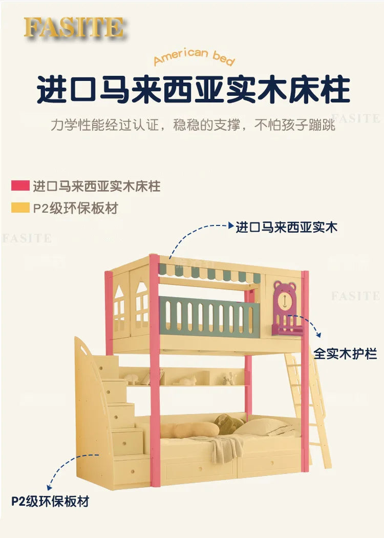 Children's bunk wooden bed Girl with wide and high guardrail with slide Small apartment Castle treehouse bed