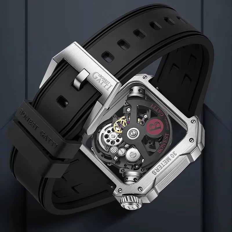 BONEST GATTI Men Automatic Watch 42mm Square Men Mechanical Wristwatch Sapphire Luminous Skeleton Dial Fluororubber Strap 2025