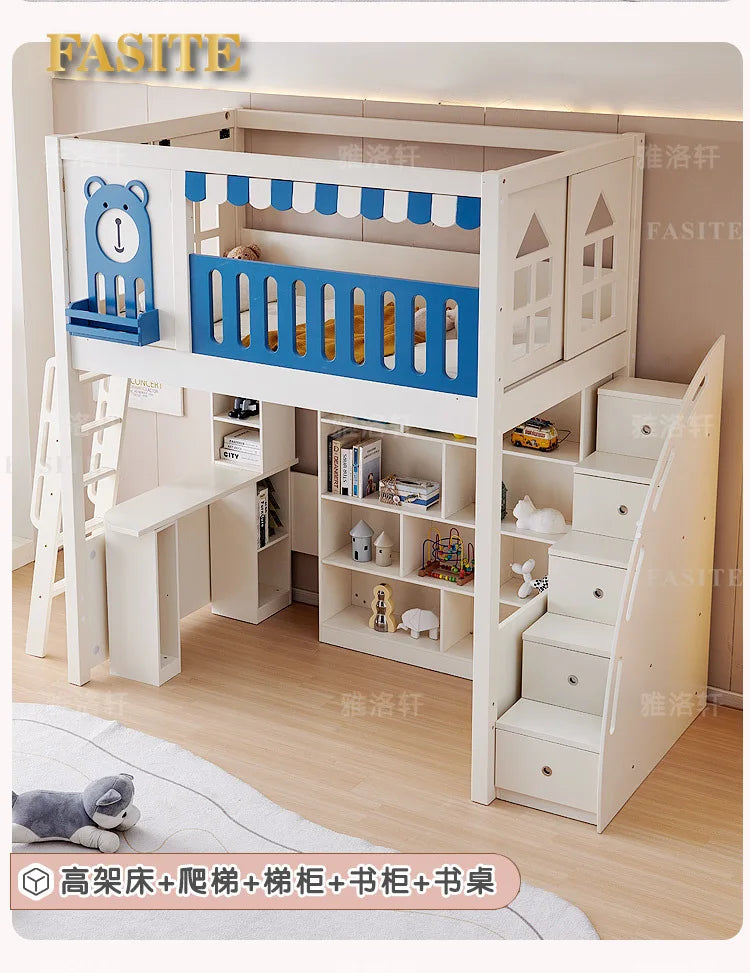 Children's bunk wooden bed Girl with wide and high guardrail with slide Small apartment Castle treehouse bed