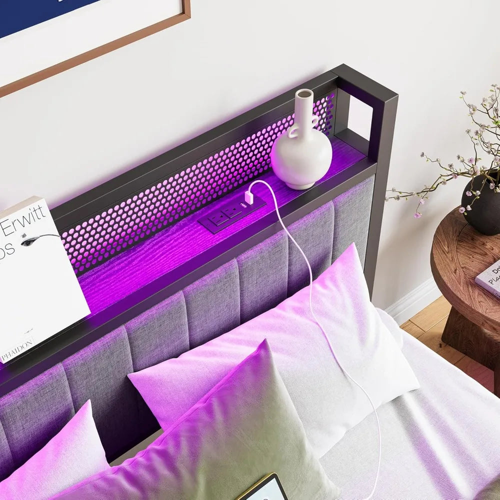 LED Bed Frame with Storage Headboard & Charging Station, No Box Spring Needed Heavy Duty Metal Upholstered Platform Bed Frame
