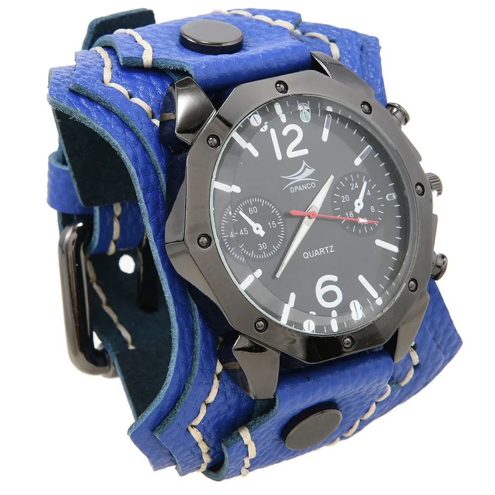 Punk Vintage Men's Multi Layer Hand Stitched Cowhide Leather Strap Large Dial Watch