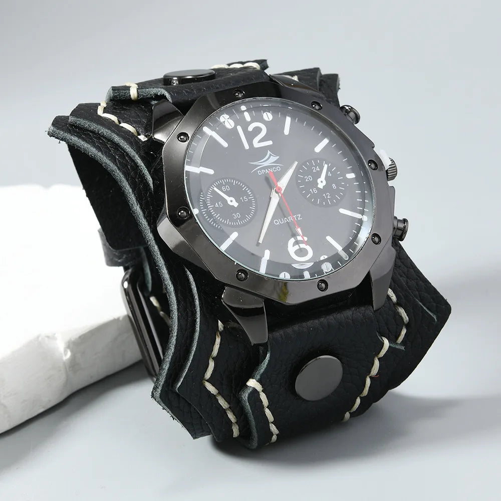 Punk Vintage Men's Multi Layer Hand Stitched Cowhide Leather Strap Large Dial Watch