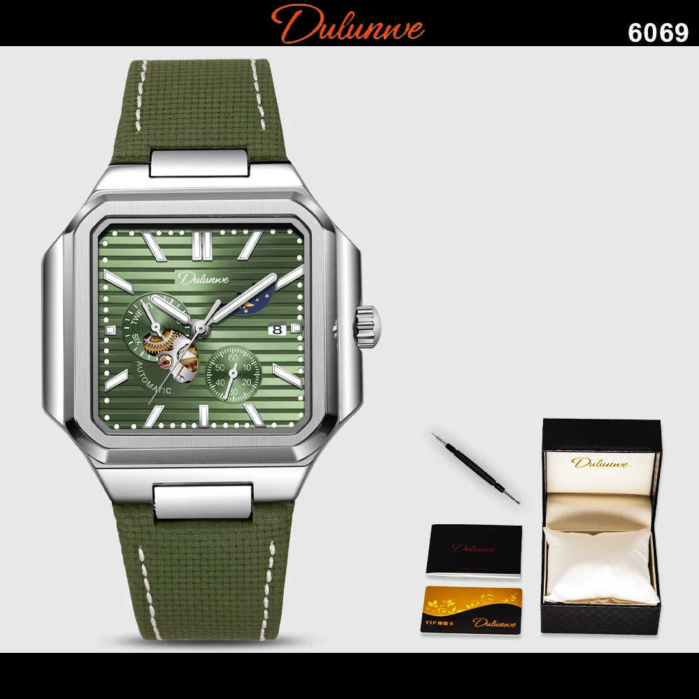 Dulunwe Fashion Men's Watch Automatic Mechanical Multi-function Small Dial Square Design 30M Waterproof Top Brand Wristwatches