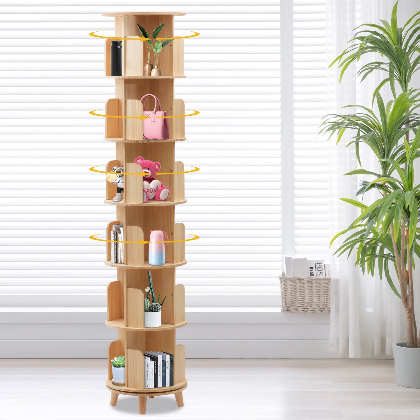 Revolving Bookstand 360° Rotation Pine Wood Adjustable 1-6 Tiers Rotating Bookshelf for Magazines Spinning Bookshelf Tower