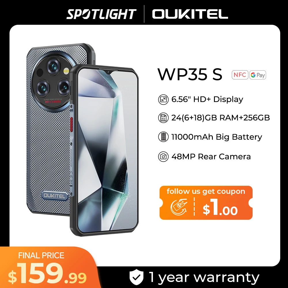 Oukitel WP35 S Rugged phone 24GB(6+18)+256GB 11000mAh phones androids NFC rugged Smartphone Business phone