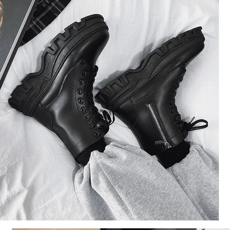 Leather England Black Men's Biker Boot Fashion Young Waterproof Trendy Boots Man Autumn Winter High Top Classic Basic Shoes