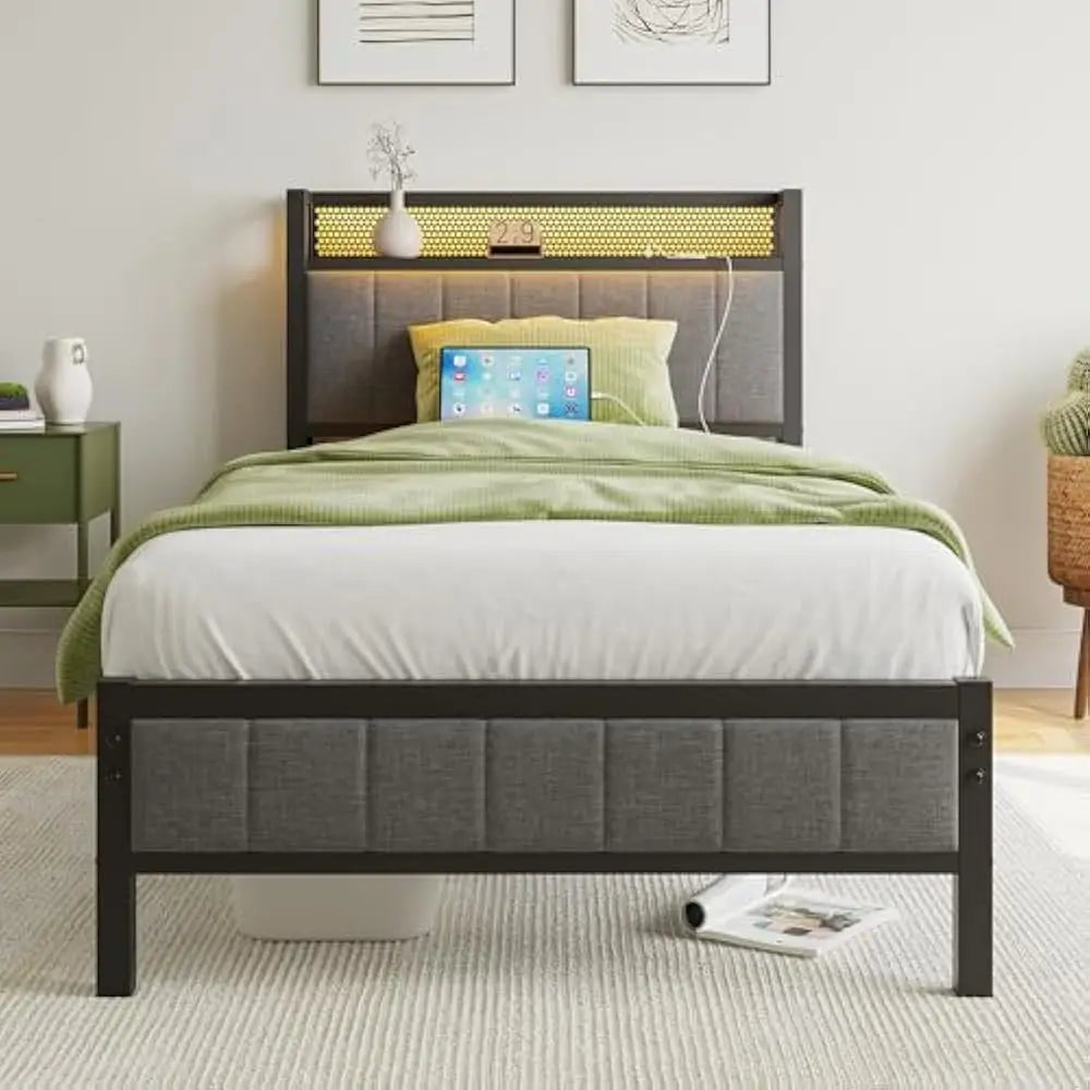 LED Bed Frame with Storage Headboard & Charging Station, No Box Spring Needed Heavy Duty Metal Upholstered Platform Bed Frame