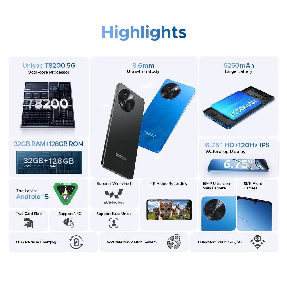 Global Version DOOGEE Note 59 5G 32GB(8+24) 128GB 6.75" 120Hz 6250mAh Large Battery UNISOC T8200 Octa Core Android 15 NFC