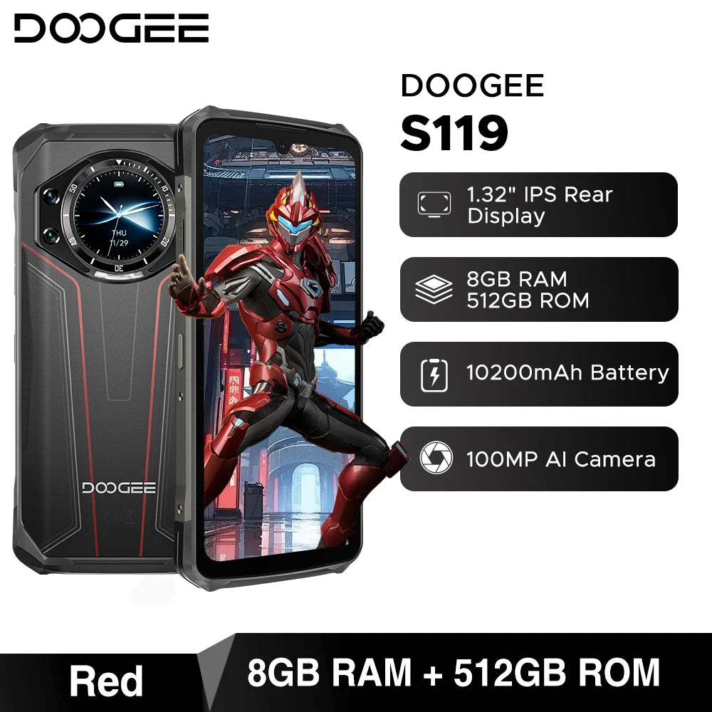 Global Version DOOGEE S119 Rugged Phone 6.72" FHD+ IPS Screen 8GB+512GB 100MP Main Camera 10200mAh battery 33W Android 14 NFC