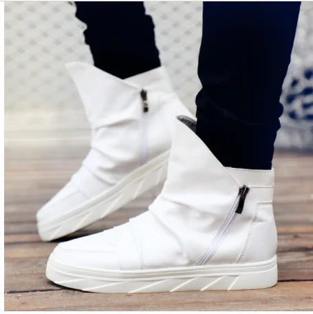 Fashion Pleated Leather Mens Casual Shoes Spring Autumn New High Top Men Boots Ankle Mens Boots Zipper Casual Footwear white