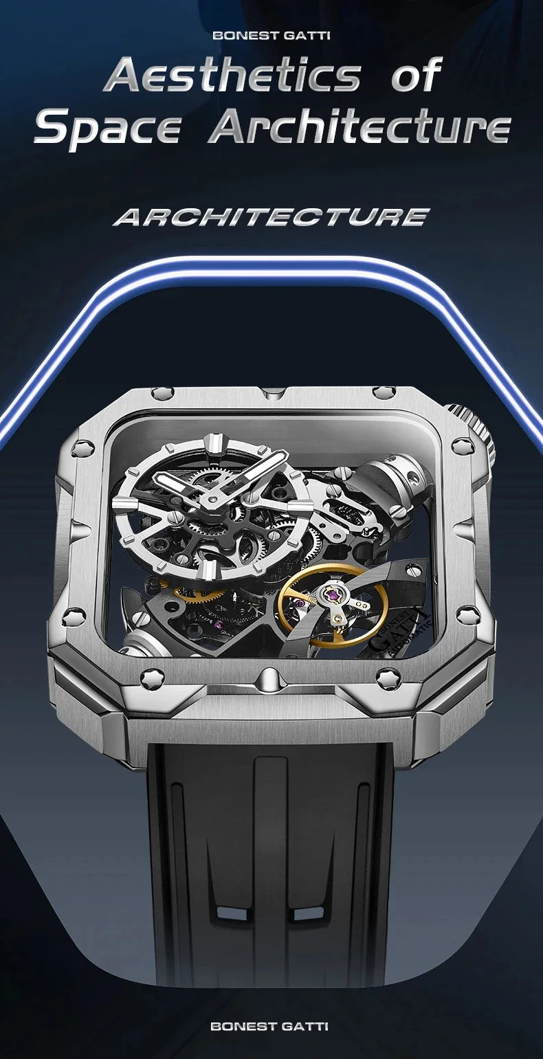 BONEST GATTI Men Automatic Watch 42mm Square Men Mechanical Wristwatch Sapphire Luminous Skeleton Dial Fluororubber Strap 2025
