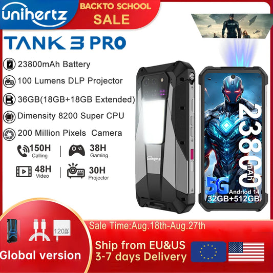 Unihertz Tank 3 Pro 8849 Rugged 5G Smartphone Android with 100 Lumens Projector 32GB 512GB 23800mAh 6.79" FHD Waterproof Phone